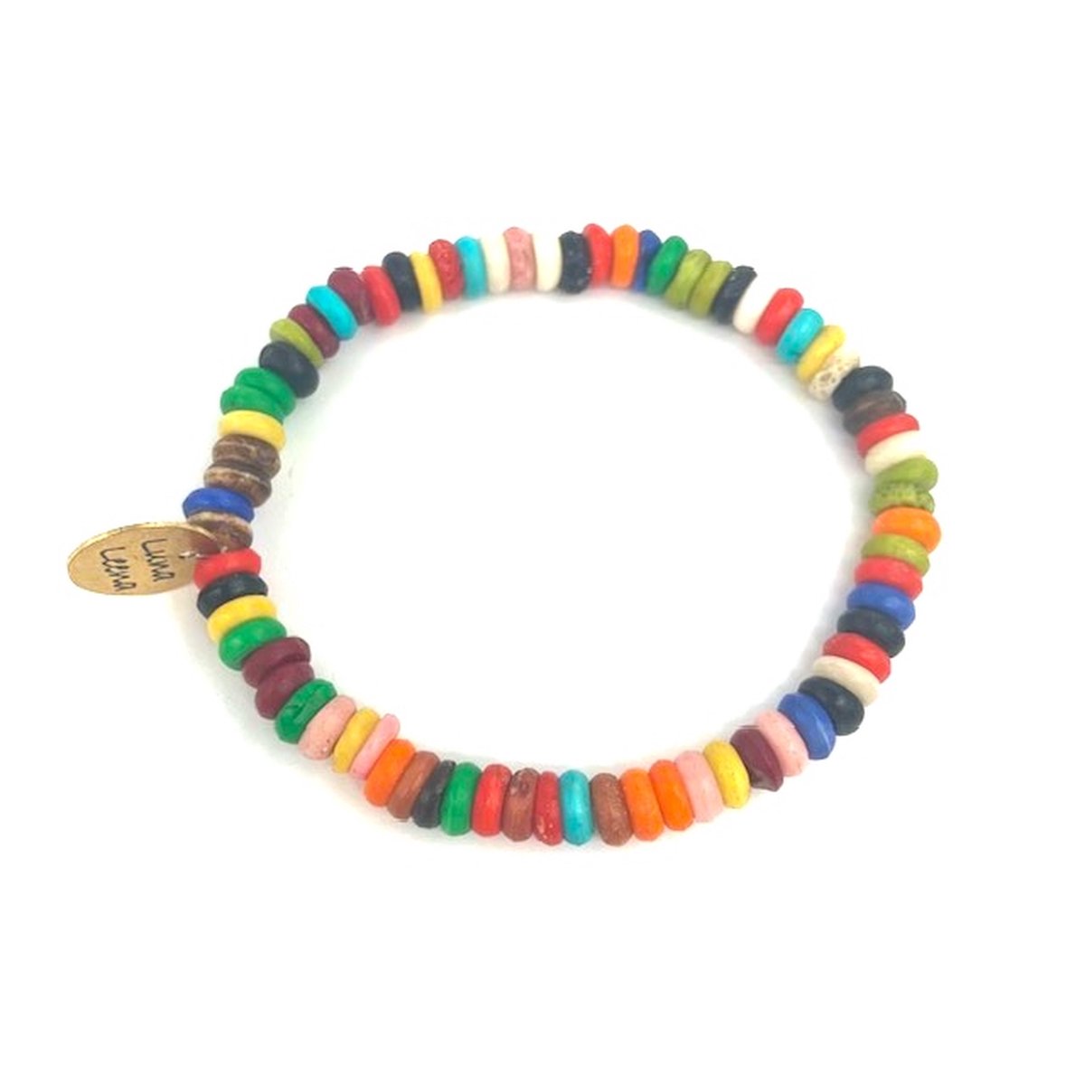 Luna-Leena duurzame armband multi - one size stretch - gerecycled - kralen van bestaande armbanden uit Nepal - handgemaakt in Nepal - bracelet - trendy - feestje - voor elke dag - vintage look - accessoire - cadeau - sieraad - kleurig - rainbow