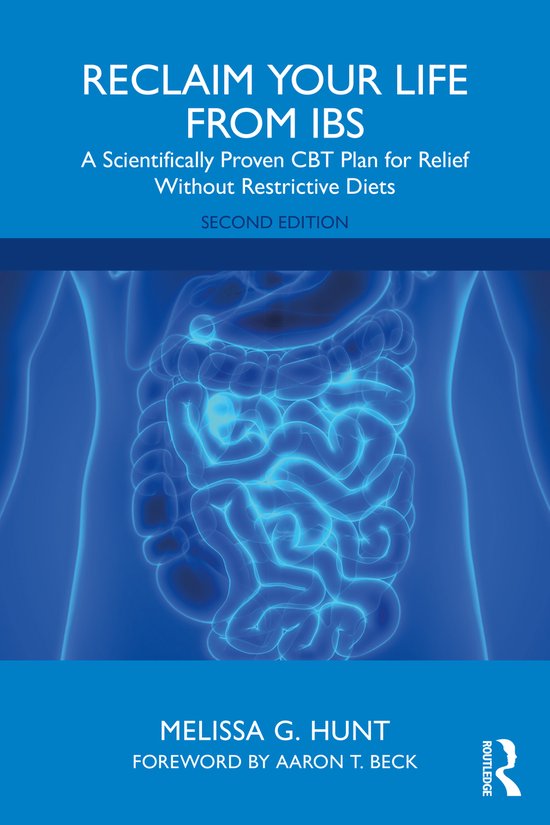 Boek "Reclaim Your Life From IBS" met blauwe anatomische illustratie van de darmen.