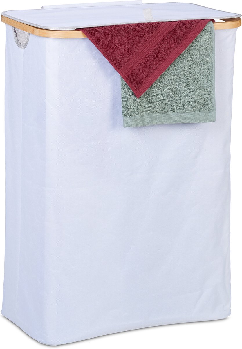 wasmand met deksel - 105 l - bamboe - polyester - opvouwbaar - draagbaar - wit-natuur