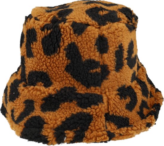 Bucket Hat Teddy Imitatie Bont Panter Print Bruin Zwart Vissershoedje Hoedje