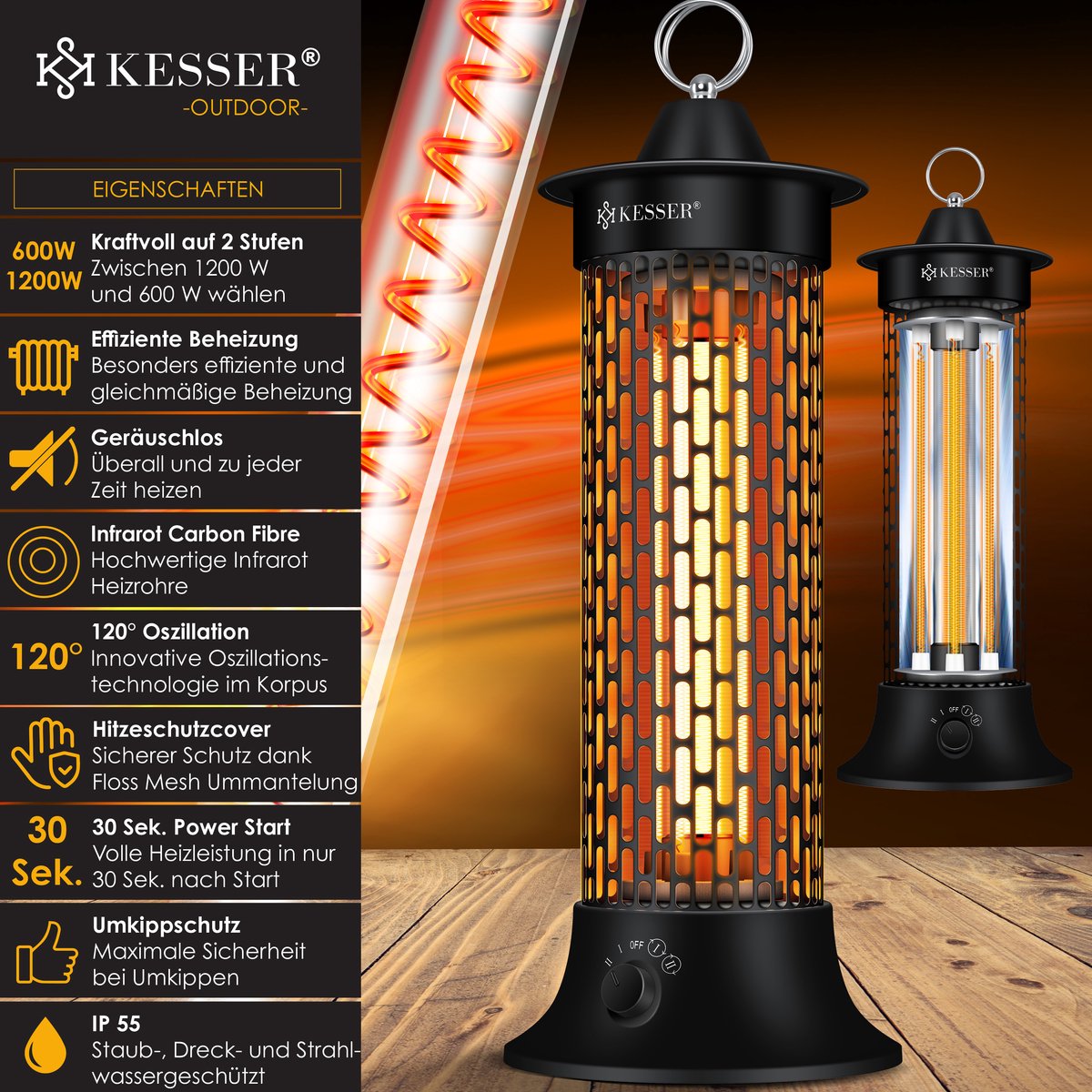 KESSER® Elektrische Kachel 1200W Terrasverwarmer Energiezuinig Infrarood Verwarming Staand Heater IP55 Verwarmer - Zwart – foto 5