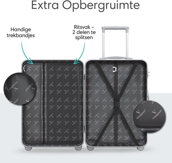 Open zilveren koffer toont extra opbergruimte: handige trekbandjes en ritsvak.
