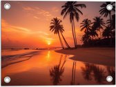Tuinposter – Palmbomen - Bomen - Zee - Strand - Zand - Zon - Zonsondergang - 40x30 cm Foto op Tuinposter (wanddecoratie voor buiten en binnen)
