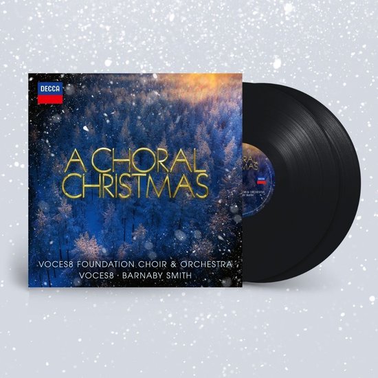 LP hoes met 'A Choral Christmas' in gouden letters, met daarop een besneeuwd boslandschap met zonsondergang. Decca logo. Naast de hoes ligt een zwarte LP.