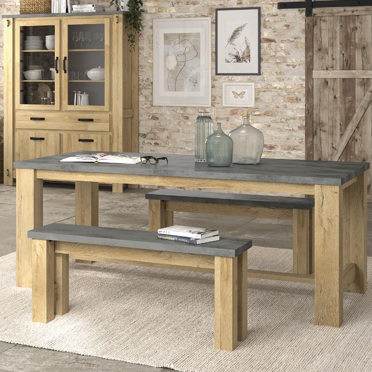 Verlengbare Eettafel Louane 192x97cm, Excl Verlengstuk - Eik/beton