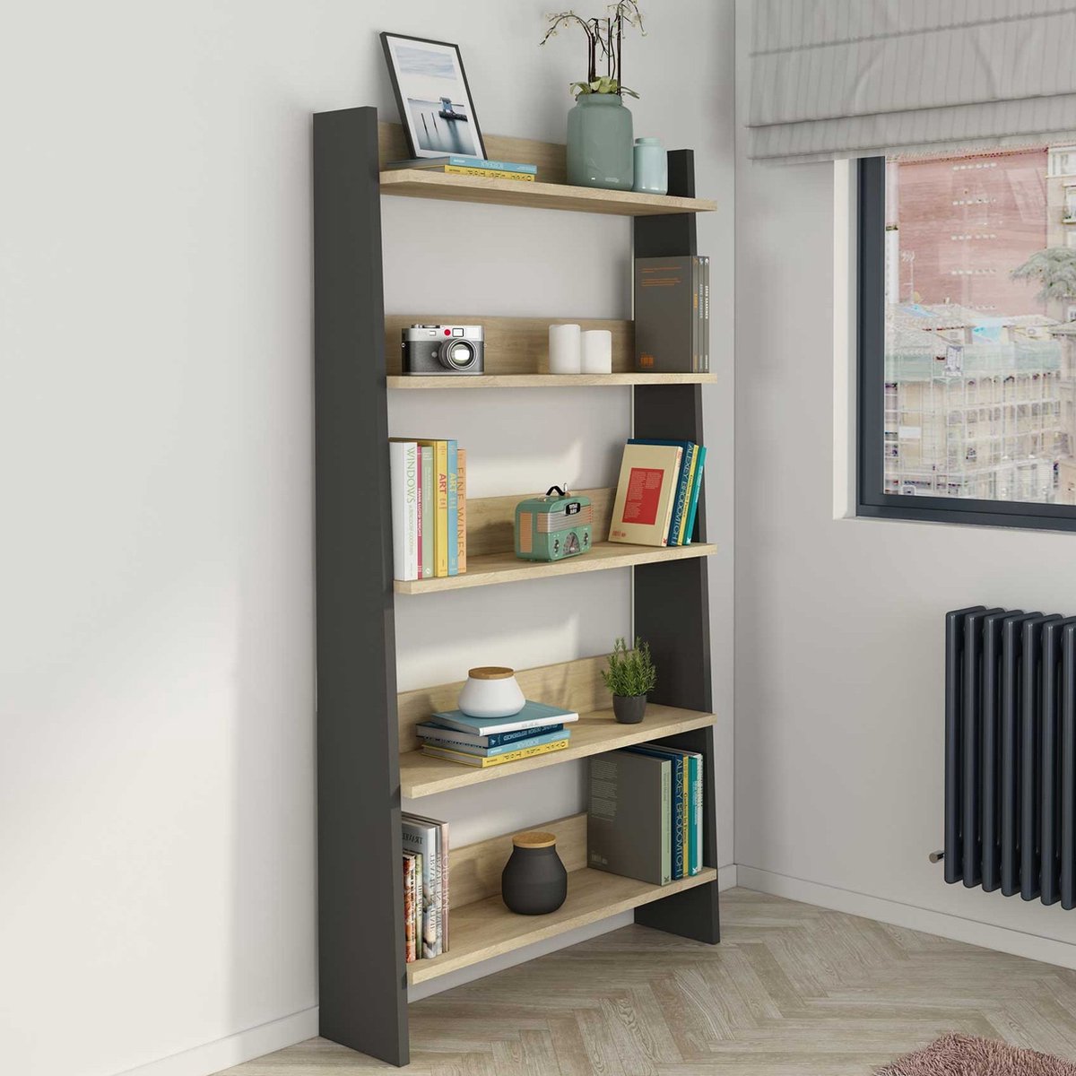 Boekenkast Quinty 95cm 5 Legplanken - Grijs/ Eik Decor