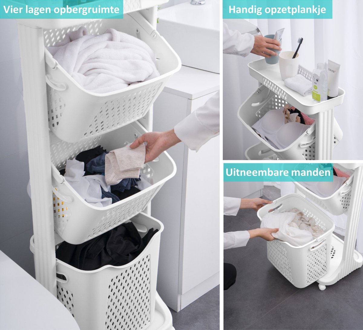 Was Sorteren Mand LUNICASHA Wasmand 3 Vakken – Opvouwbare Wasverzamelaar Met Wieltjes, Wit, 43x33x109 Cm, Polypropeen Wasmand Met 3 Vakken