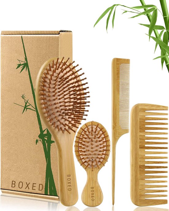 Set de brosses à cheveux en Bamboe en boîte - Différentes tailles - Brosse de Massage du cuir chevelu - Ovale - Durable - Respectueux de l'environnement - Comprend 2 Peignage