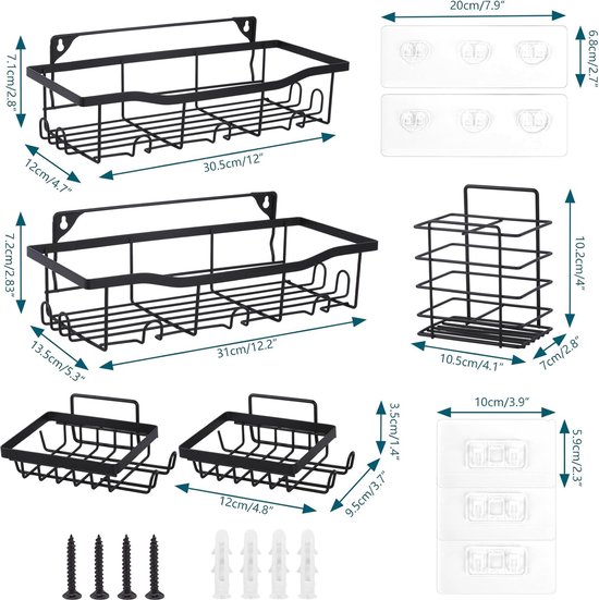 Doucheplank zonder boren, 5 stuks, roestvrije badkamerorganizer, zwart Doucheplank zonder boren, 5 stuks, roestvrije badkamerorganizer, zwart