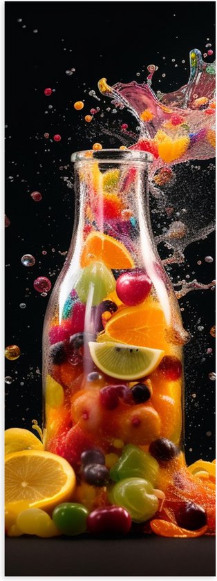 Poster (Mat) - Fles - Eten - Fruit - Spetters - Kleuren - 20x60 cm Foto op Posterpapier met een Matte look