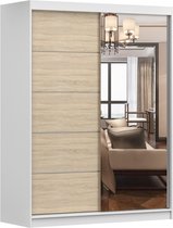 Zweefdeurkast Kledingkast met Spiegel,decoratieve afwerking aan de voorkant, Garderobekast met planken en kledingstang: 150x200x61 cm - Beni 05 Classic (Wit + Sonoma, 150)