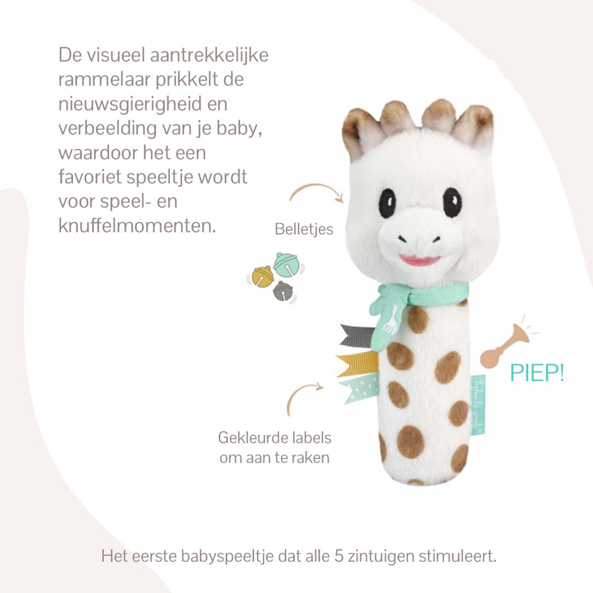 Sophie de giraf Knijprammelaar - Rammelaar - Baby speelgoed - Kraamcadeau - Babyshower cadeau - Vanaf 3 maanden - Pluche - 16x6x6.5 cm - Wit/Bruin/Turquoise — afbeelding 4