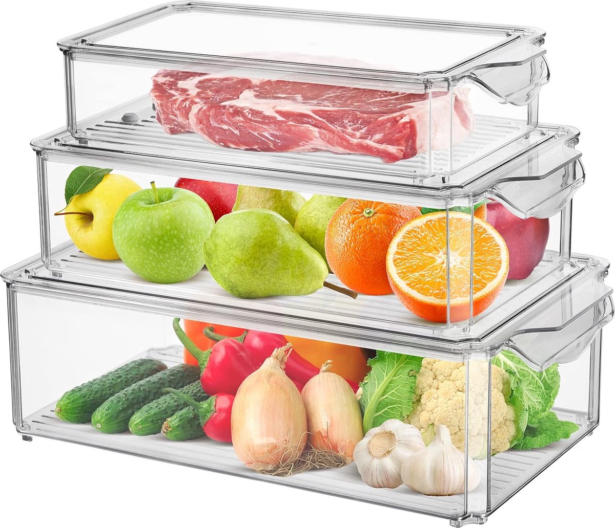 Koelkastorganizer, set van 3, hoogwaardige koelkastopbergdoos met deksel, transparante kastlade-organizer, ideaal voor keukens, koelkasten, kasten