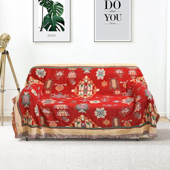 Boho-stijl deken, Boho-banksprei, sprei, 180 x 230 cm, 100% handgeweven katoen, dubbelzijdig gebreide kwastdeken, bankdeken, vintage Indiase decoratie voor kamer, bank, bed, fauteuil