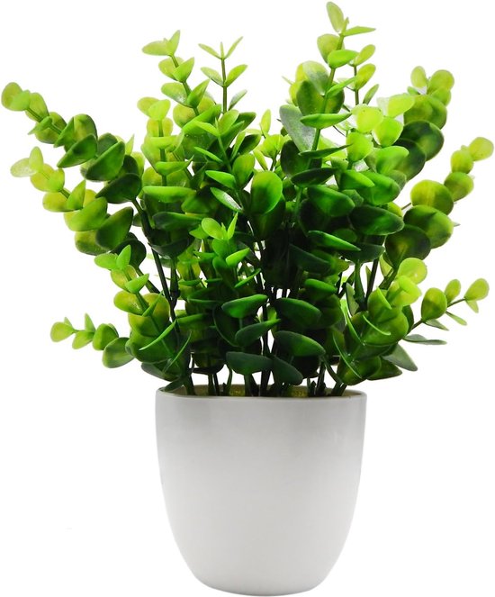 Mini kunststof eucalyptus kunstplanten met vaas voor bureau, thuis en vrienden 'geschenk, nep installatie met plastic potten voor woondecoratie (groen)