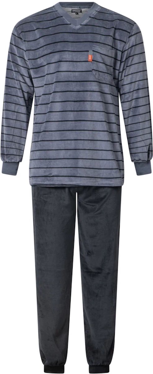 Outfitter heren pyjama velours | MAAT L | V-hals | Streep mountains | grijs