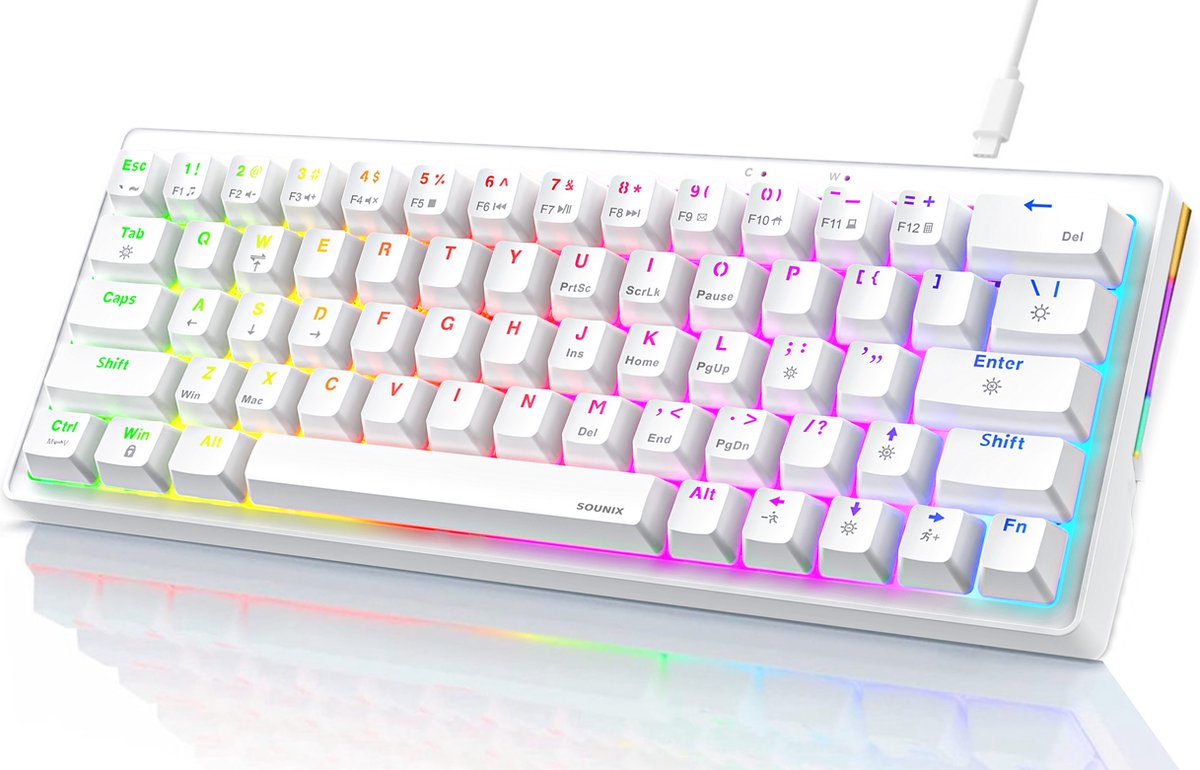 Sounix Gaming Keyboard - 60% Mechanisch Qwerty Gaming Toetsenbord - Niet gebruikt voor PS5 - 64 keys - 18 RGB Effect - US Qwerty - Wit - Sounix