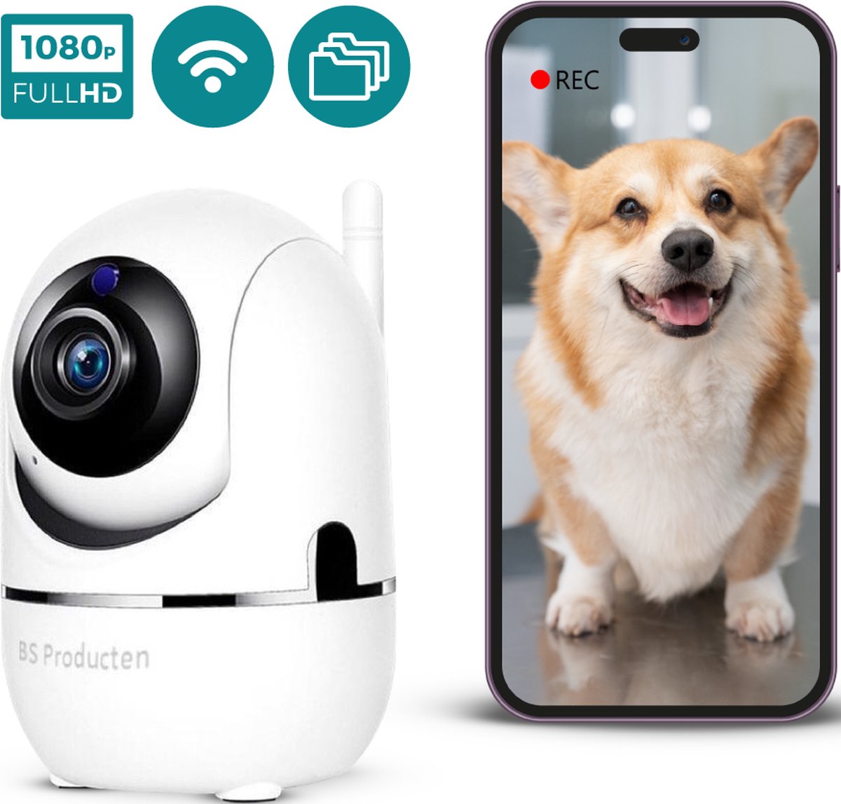 Beveiligingscamera - Huisdiercamera - WiFi - Full HD - Beweeg en geluidsdetectie - Werkt met app - Hondencamera Binnen - Indoor - Wit