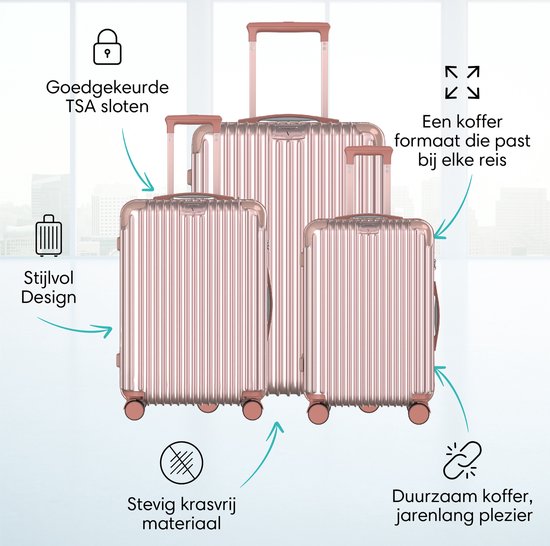 Drie rosé gouden koffers met scherp ontwerp, krasvrij materiaal, TSA slot en duurzaamheid.