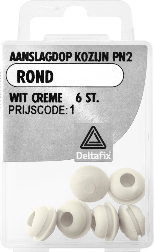 Verpakking met 6 ronde, crèmewitte aanslagdoppen voor kozijnen (PN2).