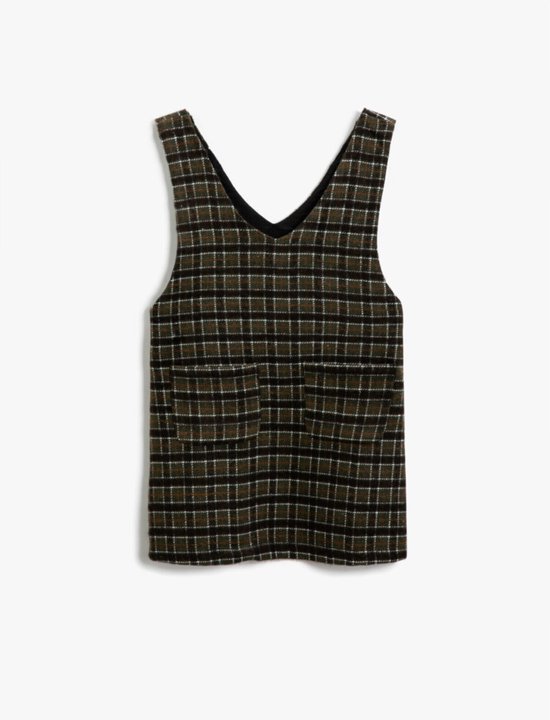 Robe Loneball à carreaux en tweed Basis à manches standard et col en V Koton avec détails de poche.