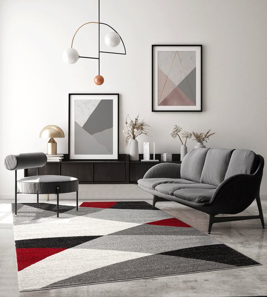 Modern design woon- of slaapkamer tapijt | Geometrische patronen - Rood Grijs 140x200 | Binnen - The Carpet PEARL