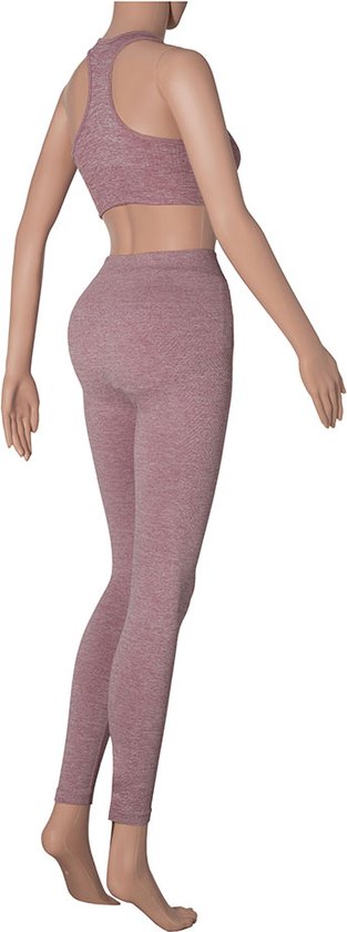 Roze sporttop met racerback en bijpassende legging, getoond op paspop, achterkant.