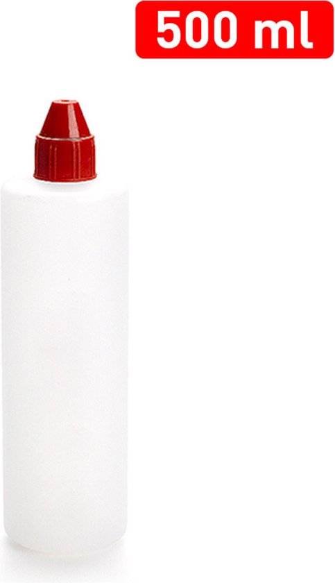 Transparante kunststof doseerfles van 500 ml met rode schroefdop en een rood vlak met "500 ml".
