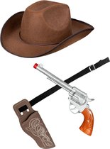 Verkleed set cowboyhoed Rodeo bruin - met holster en pistool - voor volwassenen