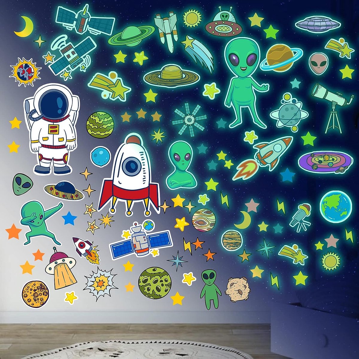 Etoiles Phosphorescentes Plafond Sticker Mural Lumineux Espace Astronaute  Lumineuses Système Solaire Planètes Lune Et Etoile Phosphorescent Stickers  muraux pour Chambre Enfant Bébé Plafond Décor Bleu