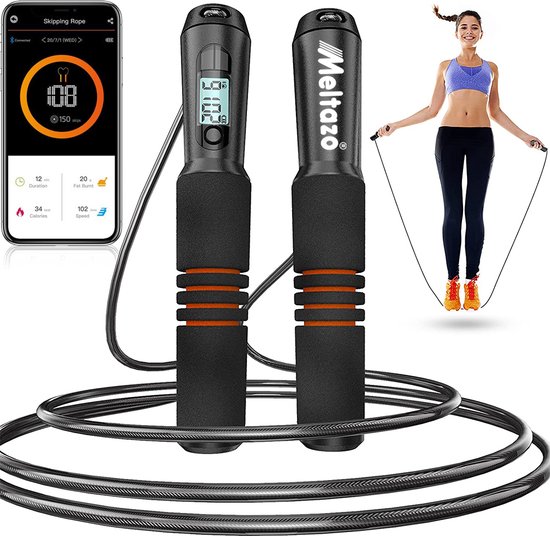 MELTAZO Slim Springtouw met Teller, Springtouwen, Fitness Springtouw, Springtouw met Mobiele APP, Springtouw Teller, Springtouw Volwassenen, Verstelbare Springtouw, Smart Jump Rope, Sport Touwtje Springen voor Gewichtsverlies - Crossfit (Zwart)