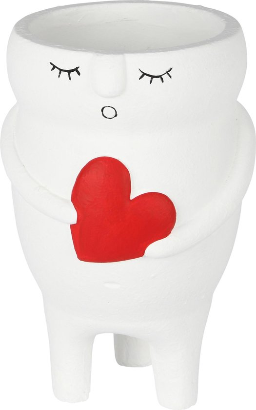Dekoratief | Bloempot 'Love Buddy' m/voetjes, wit/rood, cement, 15x14x20cm | A235083