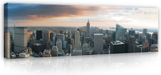 Canvas Schilderij - New York - Stad - Lichten - Skyline - Toren - Blauw - Gebouw - Schilderij Woonkamer - Schilderijen op canvas - Inclusief Frame - 145x45cm (LxB)