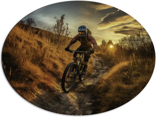 Dibond Ovaal - Mountainbikers door de Duinen tijdens Zonsondergang - 80x60 cm Foto op Ovaal (Met Ophangsysteem)