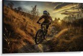 Canvas - Mountainbikers door de Duinen tijdens Zonsondergang - 120x80 cm Foto op Canvas Schilderij (Wanddecoratie op Canvas)