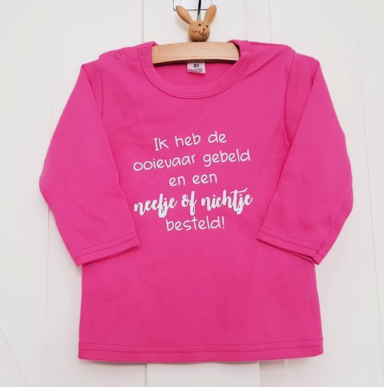 Shirt ik heb de ooievaar gebeld en een nichtje of neefje besteld | lange mouw | roze | maat 80 zwangerschap aankondiging bekendmaking baby