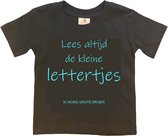 Shirt Aankondiging zwangerschap "Lees altijd de kleine lettertjes (ik word grote broer)" | korte mouw | Zwart/aquablauw | maat 86/92 zwangerschap aankondiging bekendmaking Baby big bro brother