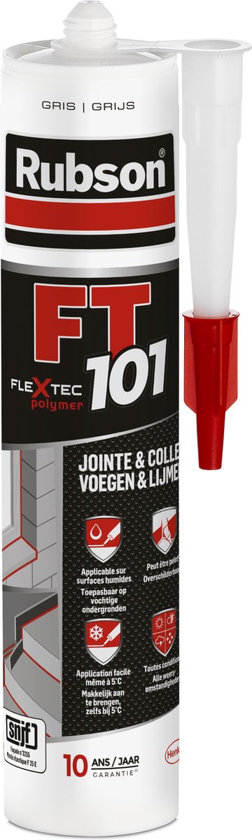 Rubson FT101 Bouwkit Grijs 280 ml – Montagekit & Afdichtkit met Flextec® – Sterk, Elastisch & Waterdicht – Voor Binnen & Buiten – Hecht op Beton, Hout, Metaal & Kunststof