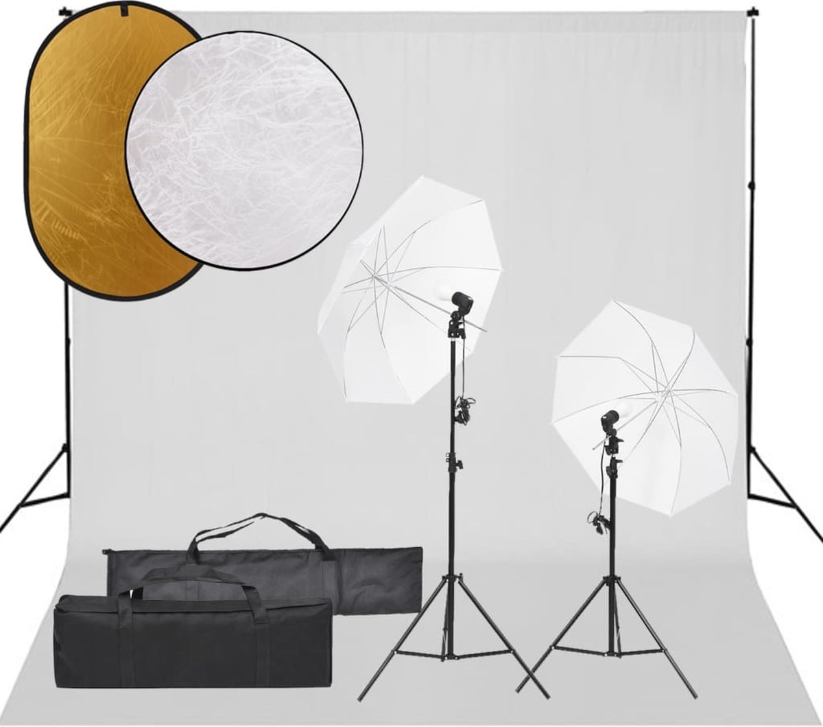 The Living Store Fotostudioset - met witte paraplus - flexibel achtergrondsysteem - praktische reflectorset - 13W LED-lampen - 84 cm parasol - aluminium statief - 5-in-1 reflector - 2-in-1 reflector - draagtas