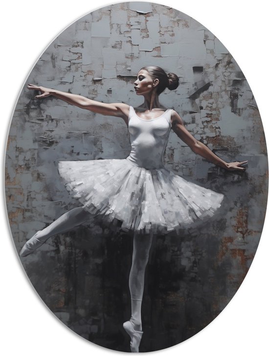 PVC Schuimplaat Ovaal - Muurschildering van Witte Dansende Ballerina - 72x96 cm Foto op Ovaal (Met Ophangsysteem)