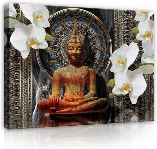 Canvas Schilderij - Boeddha - Zen - Boeddhisme - Meditatie - Zen meditatie - Buddha - Bloemen - Orchidee - Woonkamer - Schilderijen op canvas - Inclusief Frame (60 x 40 cm)