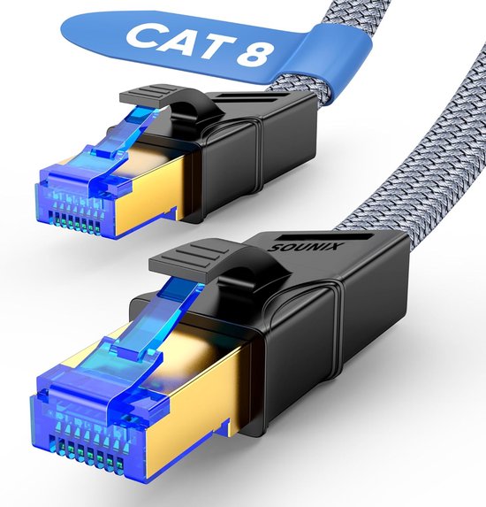 Câble Ethernet Cat 8 Plat 0,5 M - RJ45 Blindé F/FTP - 40 Gbps, 2000 MHz - Cuivre Pur - Pour Gaming, Réseau Domestique/pro