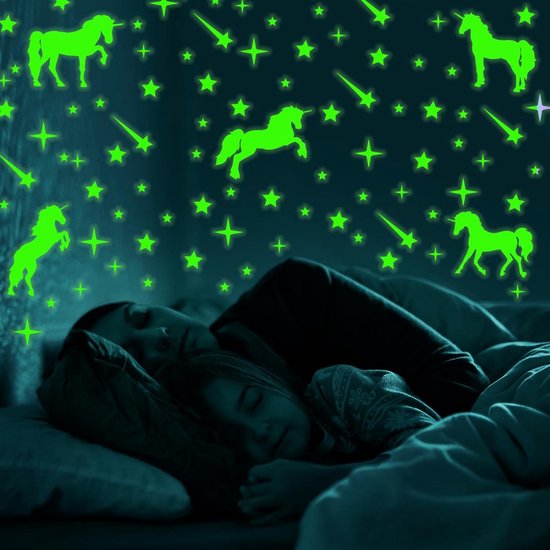 Sticker mural lumineux licorne, licorne lumineuse, étoiles