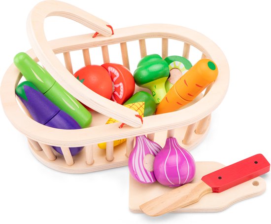 Woet® Houten Groentemandje Speelset - Snijbaar Groente in Mand met Snijplank - Educatief Speelgoedeten Snijset - Rollenspel Speelgoed - Vanaf 2 Jaar