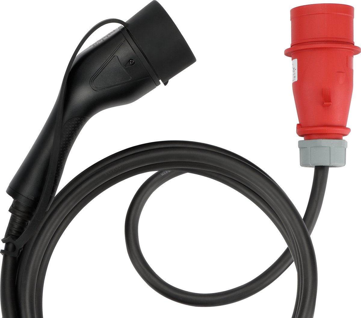 Câble de recharge voiture électrique type 2 vers prise rouge industrielle  CEE - 16A triphasée