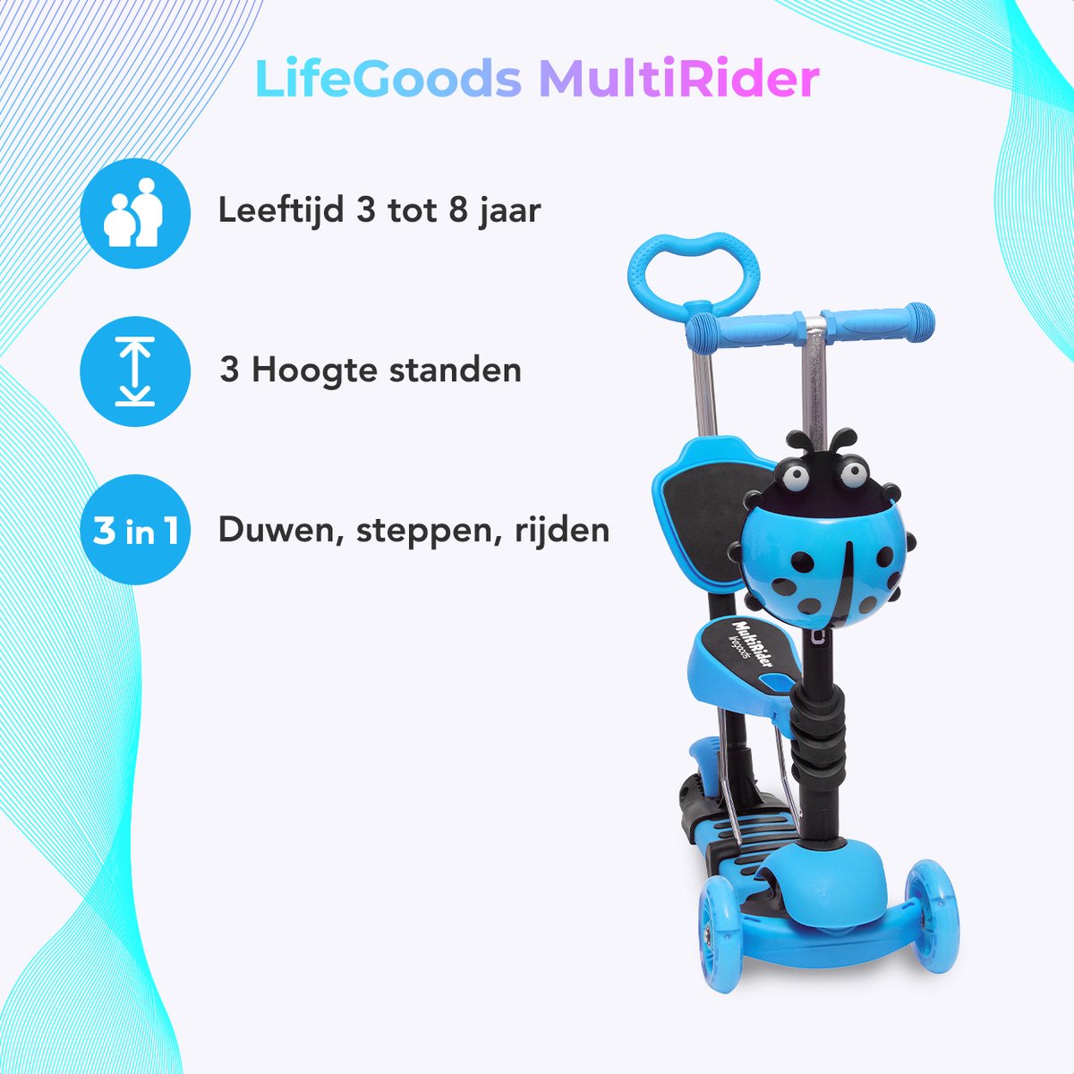 LifeGoods MultiRider - Kinderstep met Duwstang - 3 tot 8 Jaar - Hoogte Verstelbaar - Jongens/Meisjes - Lichtgevende LED Wielen - Blauw — afbeelding 6