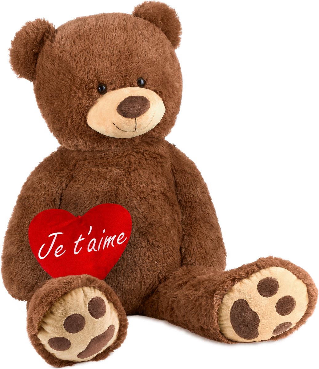 BRUBAKER - XXL Teddybeer 100 cm Bruin met een Je T'aime Hartje Knuffel Pluche Knuffeldier - Cadeau - Valentijn