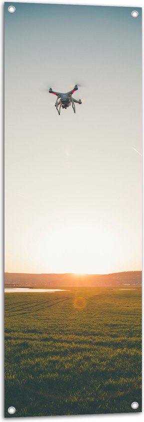 Tuinposter – Drone Vliegend boven Grasveld aan het Water bij Zonsondergang - 40x120 cm Foto op Tuinposter (wanddecoratie voor buiten en binnen)