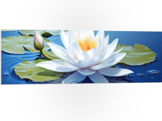 PVC Schuimplaat- Wit Vol Bloeiende Waterlelie op Water en Leliebladeren - Bloemen - 120x40 cm Foto op PVC Schuimplaat