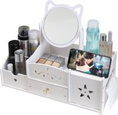 Organiseur de cosmétiques, organisateur de table de maquillage avec miroir, organisateur de cosmétiques de bureau multifonctionnel, organisateur de maquillage blanc avec tiroir pour chambre/salle de bain (miroir rond)